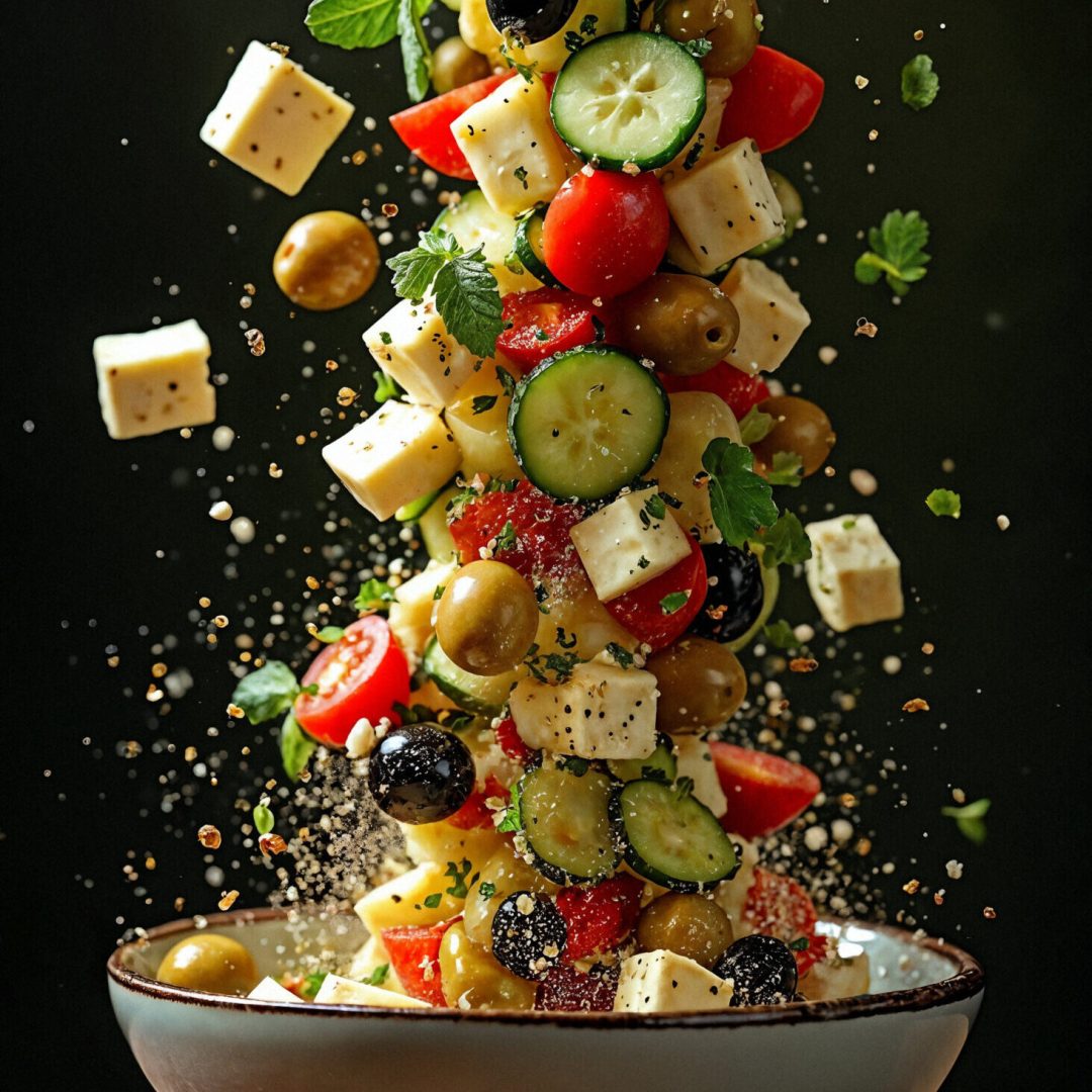 dynamic greek salad composition mid air